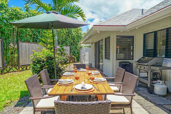 Brand new outdoor dining area waiting to accommodate your entertaining needs or to simply enjoy just preparing a family dinner in the garden.