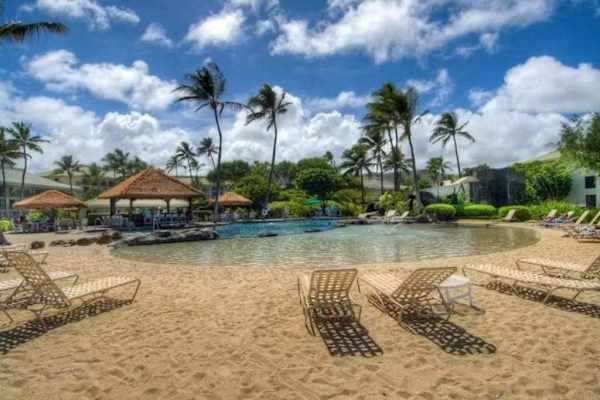 Lush Tropical Gardens Framing The Resort Pool