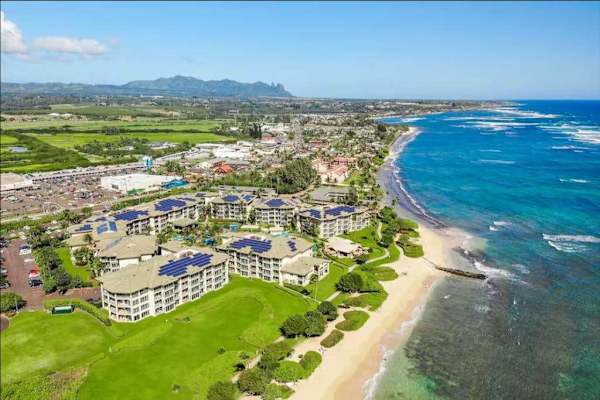 Aerial View of Oceanfront Resort & Sandy Beachline