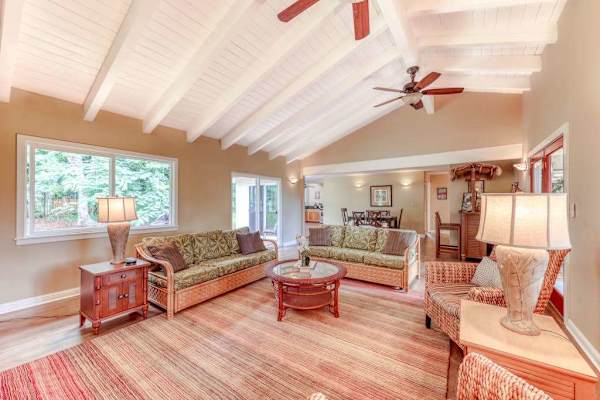 Bright Open Living Room with Vaulted Ceilings