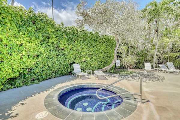  Hot Tub and Jacuzzi Area Surrounded by Lounge Chairs and Tropical Hedges