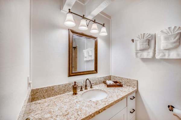 Elegant Bathroom Vanity with Granite Top & Frame Mirror