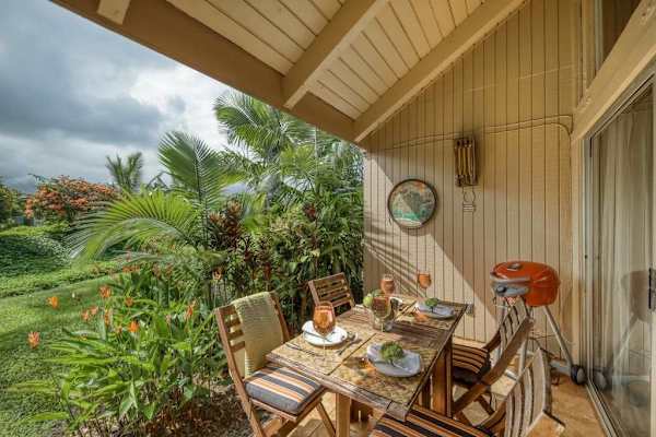Enjoy meals on the covered lanai surrounded by tropical gardens