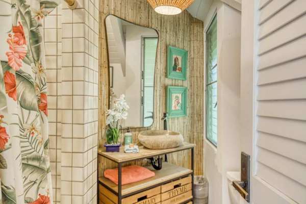 Stylish bathroom with a handcrafted stone vessel sink
