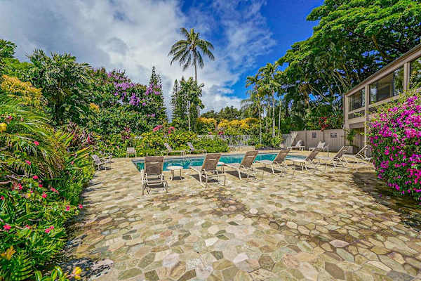 Sunny pool deck perfect for relaxing