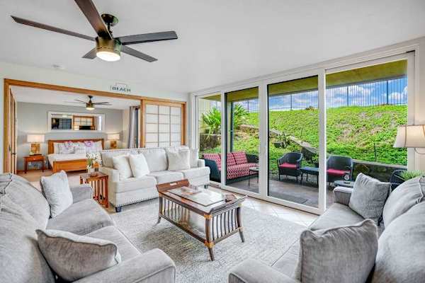 Living room with view to the outdoor patio