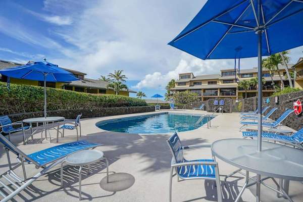Seating and tables available near pool 