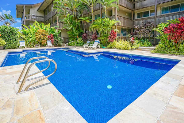 Inviting resort pool with easy-entry steps
