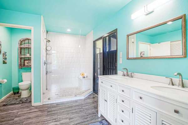 Primary ensuite bathroom with dual vanity and walk-in shower