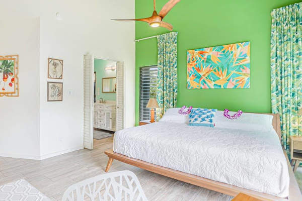 Serene king bedroom with garden views