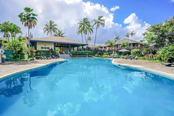 Inviting resort pool surrounded by swaying palm trees