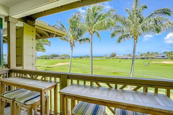 Relax outside on your furnished balcony with a drink in hand and cast your eyes across the fairway of the Kiahuna Golf Club to the blue ocean waters beyond while watching the beautiful sunset. 