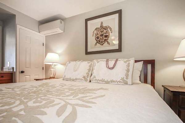 Master bathroom with king bed, flat screen tv and a ceiling fan.