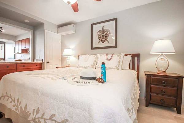 Master bathroom with king bed, flat screen tv and a ceiling fan.