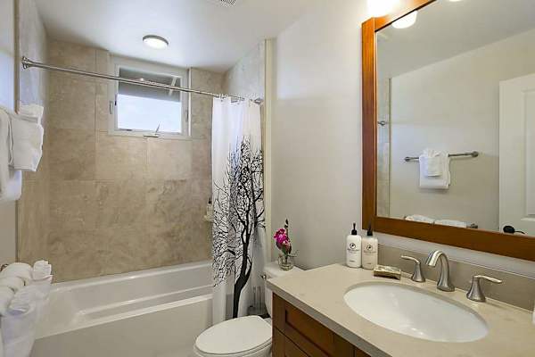 Guest bathroom with shower/tub combo.