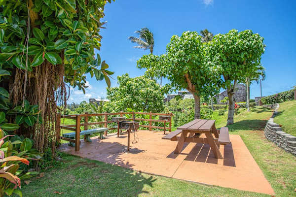 Community outdoor grilling area with picnic tables set amidst tropical landscaping