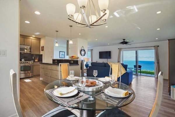 Elegant dining space with a statement chandelier