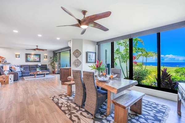 Bright open dining room with stunning ocean views