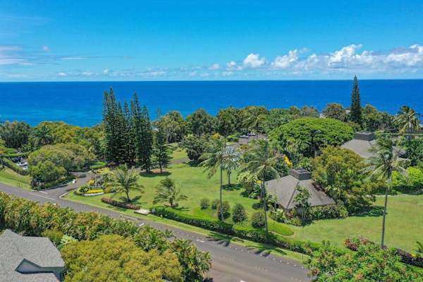 Aerial property view showcases tropical gardens, ocean horizons, and surrounding homes