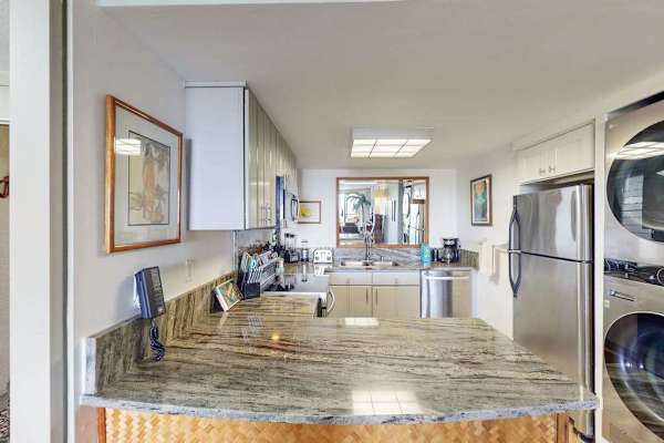 Sleek galley kitchen pairs polished counters with streamlined everyday convenience