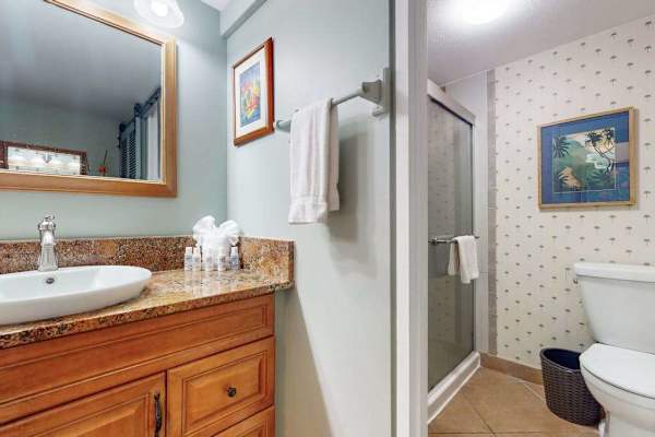Full Bathroom features warm vanity tiled shower and thoughtful storage