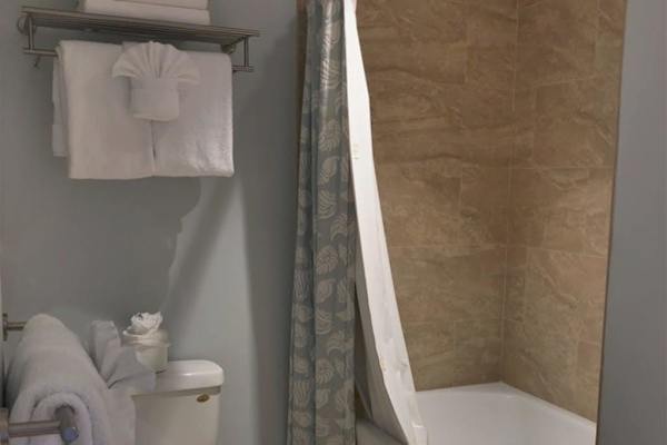 Spotless bathroom includes shower, fresh towels, and clean tiled walls nearby