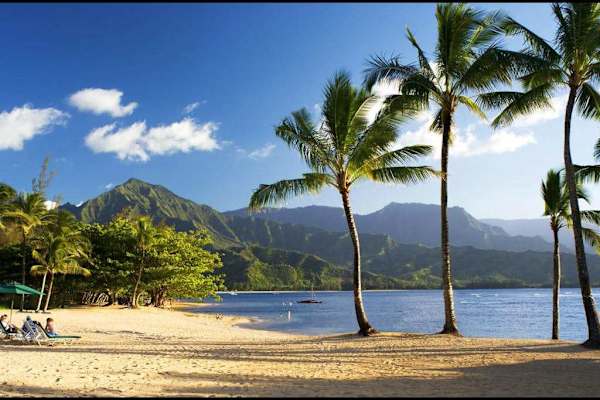 Beach features swaying palms, calm waters, and dramatic mountain views