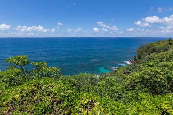 Turquoise shoreline curves through lush greenery beneath dramatic island mountains