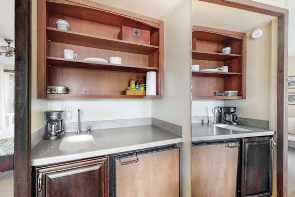 Convenient coffee station makes relaxed vacation mornings simple and enjoyable