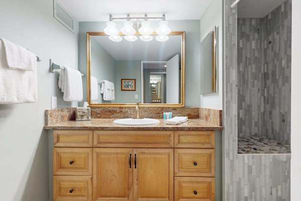Bright bathroom vanity offers plenty of space for daily routines