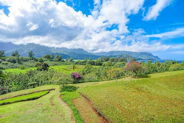 Beautiful mountain scenery stretches across the lush tropical landscape nearby