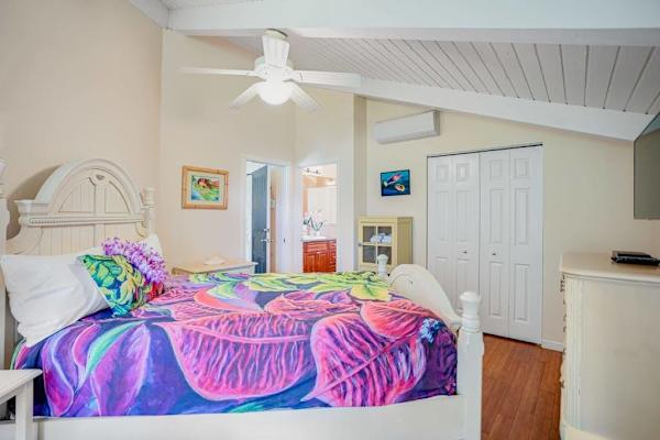 Guest bedroom with queen bedroom with flat screen tv.