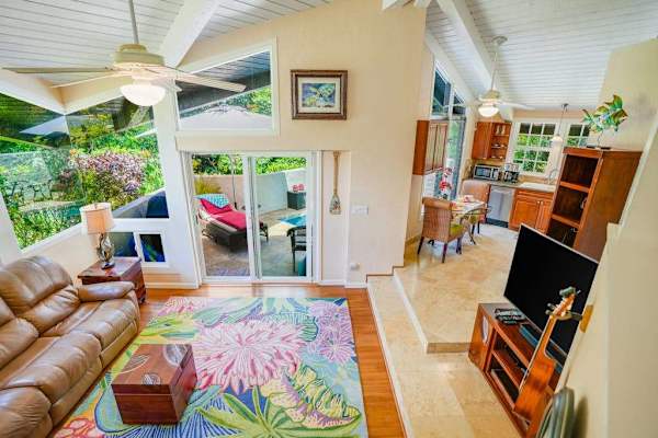 Aerial view of the living room from upstairs.