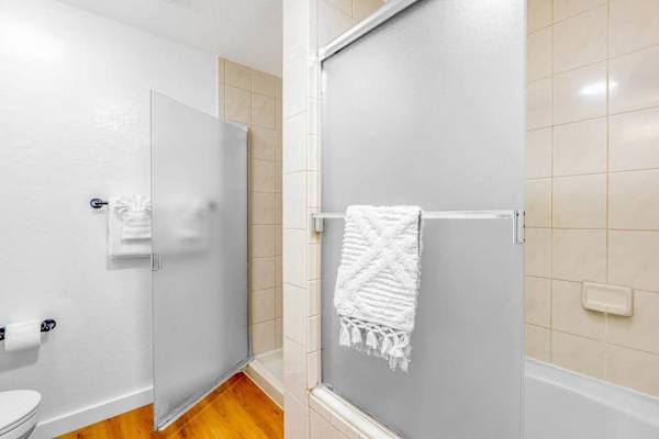 Bright Full Bathroom With Walk In Shower