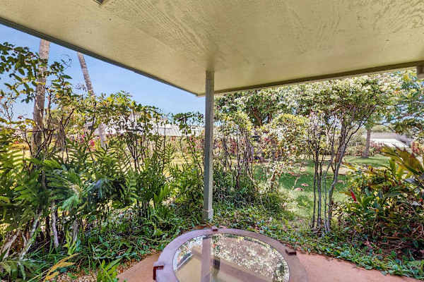 Lush Garden Views from the Private Covered Lanai Dining Spot