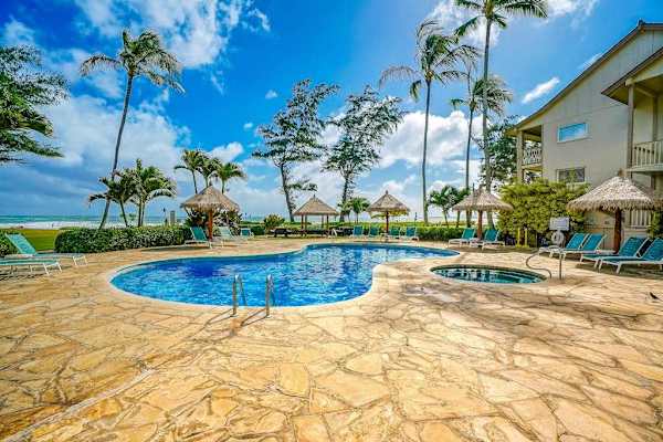Sparkling Pool Under Swaying Palms
