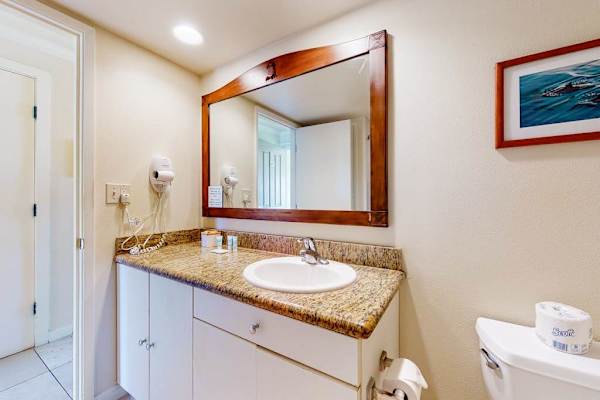 Bathroom with a hair dryer and spacious vanity storage.

