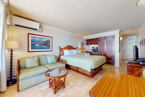 Well-equipped studio with a spacious closet, kitchenette, air conditioning, and comfortable seating.
