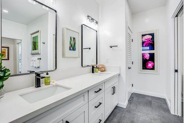 Spacious bathroom with glass walk-in shower