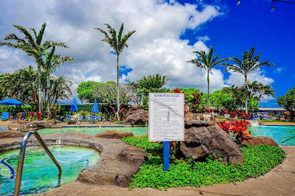 Relaxing pool area with lush landscaping