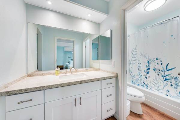 Guest bathroom with tub/shower combo.