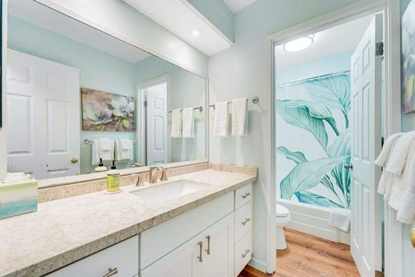 Guest bathroom with tub/shower combo.