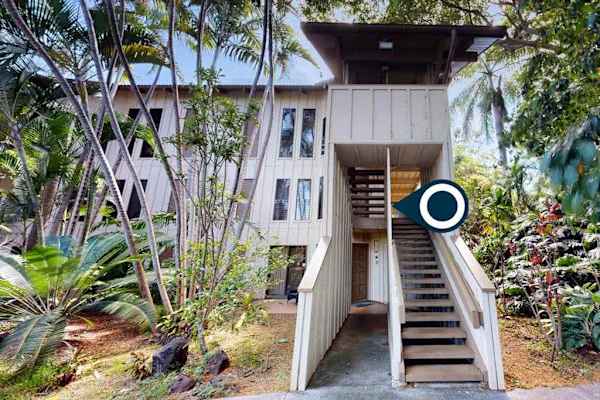 Charming building surrounded by tropical landscaping
