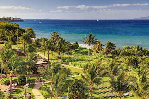 Panoramic view of the resort grounds and the ocean