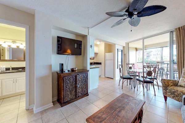  Living space with a dark wood cabinet.