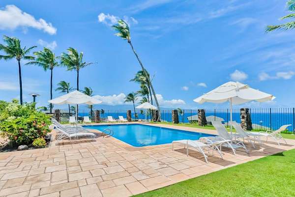 Kapalua Bay Villas Resort community pool.  Located ocean front so that you can enjoy the salt air and ocean sounds while you relax poolside.