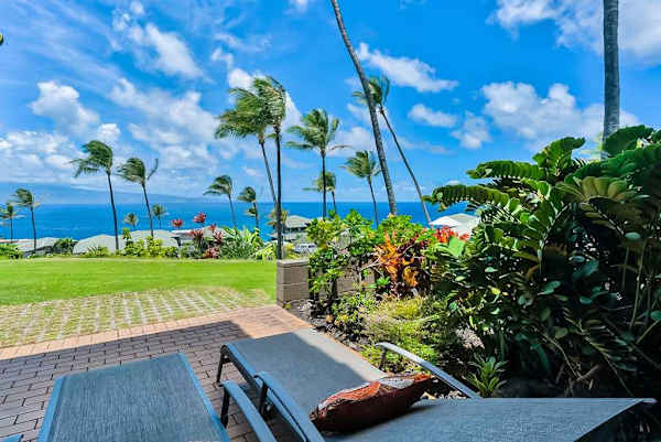 View Kapalua Bay Villas resort grounds of a tropical paradise from your private lanai.