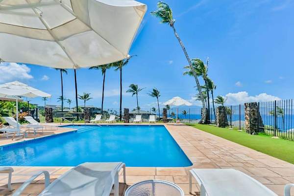Kapalua Bay Villas Resort community pool.  Located ocean front so that you can enjoy the salt air and ocean sounds while you relax poolside.