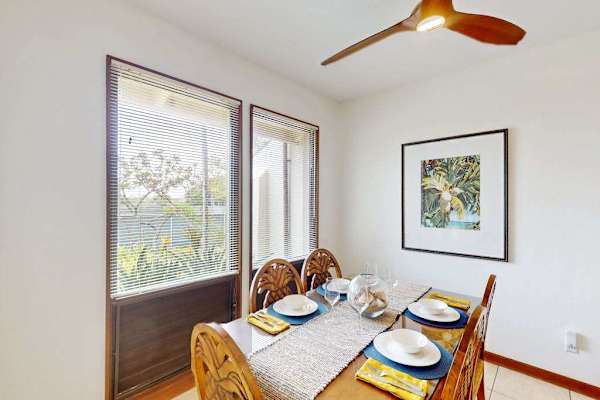 Bright dining space with peaceful garden views