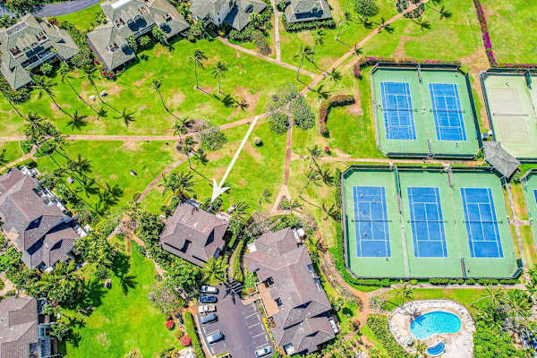 Panoramic aerial view of the coastline and resort area

